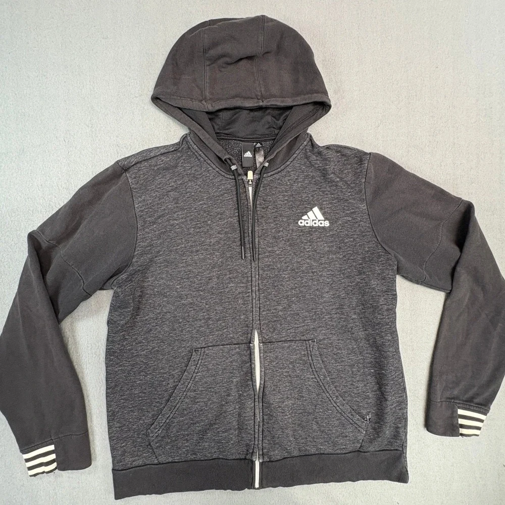 Adidas Mens‎ Full Zip Hoodie Gray Heathered Sweatshirt Medium Striped Cuffs